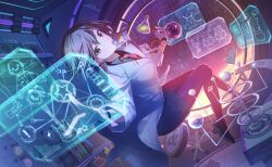 Rule 34 | 1girl, black shirt, black shoes, black skirt, bottle, breasts, brown eyes, brown hair, collared shirt, colorful palette, earrings, game cg, get over it. (project sekai), holding, holding bottle, hologram, jewelry, looking at viewer, meiko (vocaloid), necktie, official art, pantyhose, potion, project sekai, red necktie, red pantyhose, robot, shirt, shoes, skirt, solo, star (symbol), star earrings, stool, third-party source, vocaloid, white shirt