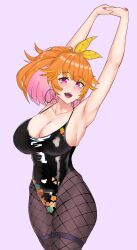 1girl :d absurdres armpits arms_up black_leotard bow_hairband breasts cleavage collarbone cowboy_shot earrings fishnet_pantyhose fishnets floral_print freckles hairband highres hololive hololive_english hoop_earrings interlocked_fingers jewelry large_breasts leotard multicolored_hair official_alternate_color official_alternate_costume open_mouth orange_hair pantyhose pink_hair pink_nails purple_eyes ranox simple_background smile solo takanashi_kiara takanashi_kiara_(fever_night) thigh_strap two-tone_hair virtual_youtuber wide_ponytail