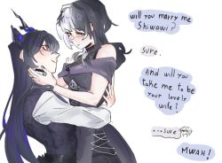 2girls black_dress black_hair black_vest closed_mouth commentary dress english_commentary english_text hands_on_another&#039;s_waist hololive hololive_english horns hug jewelry long_hair long_sleeves marriage_proposal multicolored_hair multiple_girls nerissa_ravencroft parted_lips purple_hair ring shiori_novella shirt simple_background smile speech_bubble tibetanyakart two-tone_hair vest virtual_youtuber wedding_ring white_background white_hair white_shirt yellow_eyes yuri