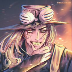 1boy artist_name black_gloves black_shirt blonde_hair blood blood_on_face brown_hat commentary eyewear_on_headwear fingerless_gloves gloves golden_tooth green_eyes gyro_zeppeli hand_up hashtag-only_commentary hat henoopd highres jojo_no_kimyou_na_bouken light_particles long_hair looking_at_viewer male_focus parted_lips portrait shirt solo steel_ball_run symbol-only_commentary teeth
