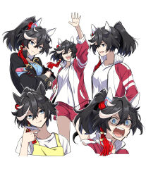 1girl absurdres animal_ears apron black_hair black_jacket blue_eyes closed_eyes closed_mouth commentary_request crossed_arms hair_between_eyes highres horse_ears horse_girl horse_tail jacket katsuragi_ace_(umamusume) long_sleeves multicolored_hair multiple_views open_clothes open_jacket open_mouth oshiri_no1 ponytail red_jacket red_shorts shirt shorts simple_background smile streaked_hair tail teeth umamusume upper_teeth_only v-shaped_eyes waving white_background white_hair white_shirt yellow_apron