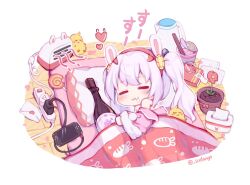 1girl :3 animal_ears artist_name azur_lane bottle chibi chibi_only chopsticks closed_eyes closed_mouth commentary_request cup_ramen drooling fake_animal_ears flower_pot fur-trimmed_sleeves fur_trim hairband handheld_game_console head_on_pillow jacket kettle laffey_(azur_lane) long_hair long_sleeves lying manjuu_(azur_lane) on_side pillow pink_jacket rabbit_ears red_hairband sleeping sudango tissue_box twintails under_covers white_hair