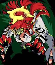 1girl absurdres ankh_necklace anklet bell-bottoms belt bent_over black_gloves black_nails breasts broken_halo claw_pose cleavage collared_shirt commentary_request floating_hair front_slit full_body gloves grey_mask grin guilty_gear guilty_gear_strive halo highres jack-o&#039;_valentine jewelry jojcachu lanyard large_breasts leaning_forward legs_apart long_hair mask messy_hair open_belt pants pumpkin_mask red_gloves red_hair red_shoes shirt shoes skirt smile solo spiked_halo spread_legs standing tareme tongue tongue_out too_many too_many_belts two-tone_gloves very_long_hair white_pants white_skirt wide_spread_legs
