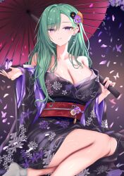 1girl ana_(vvvvor) black_flower black_kimono breasts bug butterfly cleavage collarbone ear_piercing earrings falling_petals floral_print floral_print_kimono flower hair_between_eyes highres holding holding_umbrella insect japanese_clothes jewelry kimono large_breasts long_hair mole mole_on_breast nail_polish oil-paper_umbrella petals piercing print_kimono purple_eyes purple_flower purple_nails purple_petals red_sash sash socks umbrella virtual_youtuber vspo! white_flower white_socks yakumo_beni
