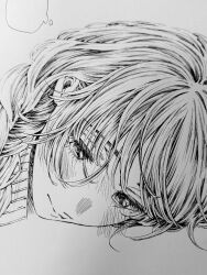 Rule 34 | 1girl, absurdres, blank speech bubble, blush, braid, closed mouth, graphite (medium), hair over eyes, head on table, highres, kaoru hana wa rin to saku, long bangs, long hair, mikami saka, monochrome, nose blush, official art, photo (medium), profile, single braid, solo, speech bubble, thought bubble, traditional media, waguri kaoruko