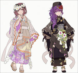 2girls adapted_costume asahina_mafuyu black_gloves black_hat black_kimono black_shoes brown_eyes brown_hair brown_sandals closed_mouth dress floral_print flower flower_wreath full_body gloves grey_background hair_between_eyes hair_flower hair_ornament hakusai_(tiahszld) hand_up hat head_wreath highres japanese_clothes kimono long_hair long_sleeves maigo_no_te_wo_hiku_sono_saki_wa_(project_sekai) mitasarenai_pale_color_(project_sekai) multiple_girls obi platform_sandals print_dress project_sekai purple_dress purple_eyes purple_hair red_flower revision sandals sash shinonome_ena shoes simple_background sleeves_past_wrists standing standing_on_one_leg wide_sleeves