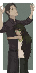 1boy 1girl bare_shoulders beard_stubble belt black_hair black_pants black_shirt blush closed_mouth collared_shirt facial_hair green_eyes green_hair hands_up height_difference hetero highres hiyajou_maho hug long_hair long_sleeves looking_back looking_up menomorute nervous_sweating okabe_rintarou okabe_rintarou_(beta) open_collar pants shirt short_hair simple_background sleeveless sleeves_rolled_up standing steins;gate steins;gate_0 stubble sweat very_long_hair yellow_eyes