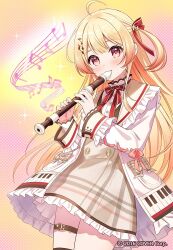 1girl ahoge blonde_hair brown_dress brown_eyes brown_sailor_collar brown_thighhighs buttons center-flap_bangs commentary_request copyright_notice double-breasted double-parted_bangs dress flute fortissimo frilled_jacket frills hair_between_eyes hair_ornament hair_ribbon hairclip holding holding_flute holding_instrument hololive hololive_dev_is instrument jacket light_blush long_hair long_sleeves looking_at_viewer music musical_note musical_note_hair_ornament musical_staff neck_ribbon official_art one_side_up otonose_kanade otonose_kanade_(1st_costume) piano_print plaid_clothes plaid_dress playing_instrument recorder red_ribbon ribbon sailor_collar shirt short_dress sidelocks solo sumisaki_yuzuna thigh_strap thighhighs very_long_hair virtual_youtuber white_jacket white_shirt