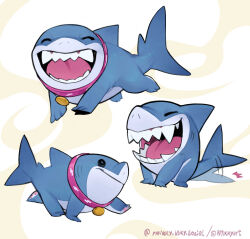 1boy artist_name bluesky_username closed_eyes closed_mouth collar commentary english_commentary facing_viewer fangs fins fish_tail highres jeff_(marvel) looking_to_the_side male_focus marvel marvel_rivals multiple_views name_tag open_mouth r.mikky shark shark_fin shark_tail smile tail tail_wagging twitter_username walking