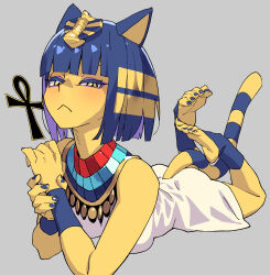 1girl :&lt; absurdres ancient_egyptian_clothes animal_crossing animal_ears ankh ankha_(animal_crossing) barefoot blue_nails cat_ears cat_tail colored_skin eyeliner eyeshadow furry furry_female grey_background highres lying makeup medium_hair narrowed_eyes nintendo on_stomach ouma_bunshichirou purple_eyeshadow simple_background soles solo tail toenails toes yellow_eyes yellow_skin