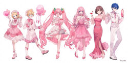 Rule 34 | 2boys, 4girls, :d, :q, ankle bow, ankle ribbon, anklet, asymmetrical dress, balloon, bare shoulders, bead belt, blonde hair, blue eyes, blue hair, boater hat, bow, bowtie, breasts, brown eyes, brown hair, buttons, cake, cherry, cherry blossoms, cherry hair ornament, choker, cleavage, closed mouth, cocktail, cocktail glass, collared shirt, copyright notice, cross-laced footwear, cup, cupcake, detached sleeves, donut, double-breasted, dress, dress bow, dress flower, drink, drinking glass, earrings, evening gown, flat chest, floral print, flower, flower balloon, flower choker, flower earrings, flower trim, food, food-themed hair ornament, footwear flower, fork, frilled dress, frilled shirt collar, frilled socks, frills, fruit, hair behind ear, hair between eyes, hair flaps, hair flower, hair ornament, hairband, hat, hatsune miku, high-low dress, high-low skirt, high heels, highres, holding, holding balloon, holding cup, holding food, holding fork, holding plate, holding spoon, ice cream, ice cream float, jacket, jewelry, kagamine len, kagamine rin, kaito (vocaloid), lapels, layered dress, leg ribbon, legwear garter, lineup, loafers, lolita fashion, lolita hairband, long dress, long hair, long sleeves, looking at viewer, macaron, medium breasts, megurine luka, meiko (vocaloid), multiple boys, multiple girls, nail polish, necktie, notched lapels, off-shoulder dress, off shoulder, official art, open mouth, oxfords, pants, pendant choker, pigeon-toed, pink bow, pink bowtie, pink choker, pink dress, pink eyes, pink hair, pink jacket, pink nails, pink necktie, pink shirt, pink shoes, pink shorts, pink socks, pink theme, plate, pleated dress, ribbon, sakura miku, see-through cleavage, see-through clothes, see-through sleeves, shawl lapels, shirt, shoes, short hair, short sleeves, shorts, shugao, side slit, simple background, sleeve garter, sleeveless, sleeveless dress, small breasts, smile, socks, spoon, standing, standing on one leg, striped necktie, suspenders, swept bangs, tongue, tongue out, tucking hair, twintails, very long hair, vest, vocaloid, waist bow, wavy hair, white background, white dress, white hat, white pants, white shirt, white socks, white vest