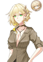 1girl absurdres aglaea_(fashion)_(honkai:_star_rail) aglaea_(honkai:_star_rail) blonde_hair breasts brown_shirt choker cleavage collarbone collared_shirt commentary highres honkai:_star_rail honkai_(series) large_breasts laurel_crown looking_at_viewer official_alternate_costume reference_inset shirt short_hair simple_background solo waist_(chem5772) white_background