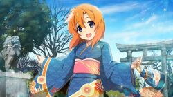 1girl :d bag bare_tree blue_eyes blue_kimono cowboy_shot day furisode game_cg hair_ornament highres higurashi_no_naku_koro_ni higurashi_no_naku_koro_ni_mei holding holding_bag japanese_clothes kimono komainu lens_flare light_rays long_sleeves looking_at_viewer new_year non-web_source obi official_art open_mouth orange_hair outdoors outstretched_arms pink_sash print_kimono rope ryuuguu_rena sash shimenawa short_hair shrine smile solo sparkle spread_arms standing sunbeam sunlight torii tree wide_sleeves