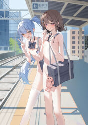 2girls absurdres bag black_bow black_bowtie blue_hair bow bowtie breasts brown_hair commentary_request exhibitionism highres holding holding_bag looking_at_viewer multiple_girls naked_school_attendance nude open_mouth original outdoors public_indecency purple_eyes school_bag short_hair side_ponytail single_thighhigh small_breasts thighhighs train_station train_station_platform v white_thighhighs xiao_lin_jiu yellow_eyes