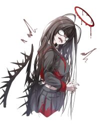 Rule 34 | 1girl, antenna hair, black hair, black serafuku, black skirt, black wings, blood, blood halo, blood on clothes, blue archive, commentary request, halo, highres, komena (shinyday312), liquid halo, low wings, open mouth, school uniform, serafuku, simple background, skirt, solo, sweat, tsurugi (blue archive), white background, wide-eyed, wings