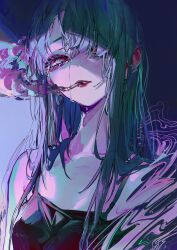 1girl absurdres black_eyes black_shirt cigarette commentary_request crying crying_with_eyes_open distortion earrings eyes_visible_through_hair green_hair hair_over_one_eye highres jewelry lipstick long_hair looking_at_viewer makeup original parted_lips red_lips ringed_eyes rolua shirt sleeveless sleeveless_shirt smoke smoking solo streaming_tears tears upper_body