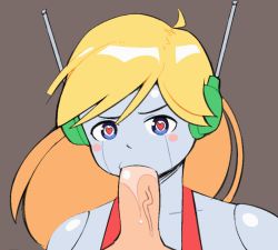 1boy 1girl android animated animated_gif antennae blonde_hair blue_eyes blush_stickers brown_background colored_skin curly_brace doukutsu_monogatari fellatio heart heart-shaped_pupils hetero long_hair nickleflick oral penis robot_ears simple_background symbol-shaped_pupils uncensored white_skin