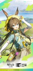 1girl absurdres amiya_(arknights) animal_ears arknights blue_eyes blue_shirt brown_hair camera collared_shirt elbow_gloves fingerless_gloves floating_hair gloves hair_between_eyes hat highres long_hair looking_at_viewer official_art open_mouth outdoors rabbit_ears rabbit_girl shirt short_sleeves smile solo white_gloves yellow_hat