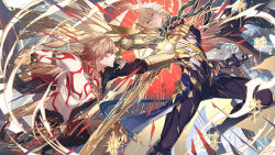 2boys abs alternate_form aqueasirius arm_tattoo armlet armored_boots asymmetrical_wings black_coat black_pants black_shirt black_wings blonde_hair boots braid chest_tattoo chinese_commentary clawed_gauntlets coat commentary_request cracked_skin facial_tattoo fighting gold_necklace gradient_hair hair_between_eyes halo halo_behind_head highres holding holding_sword holding_weapon honkai:_star_rail honkai_(series) jewelry male_focus material_growth medium_hair multicolored_hair multiple_boys mydei_(honkai:_star_rail) necklace open_clothes open_coat pants phainon_(honkai:_star_rail) red_hair red_tattoo shirt short_hair side_braid sword tattoo toned toned_male torn_clothes torn_shirt weapon wings yellow_blood yellow_eyes yellow_wings
