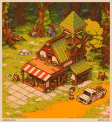 1boy 1girl absurdres artist_name awning border borrowed_character bow carrying chibi chimney dated dirt_road dress from_above grass hair_bow highres isometric lantern motor_vehicle mushroom nathan_pxls original pickup_truck pinafore_dress pixel_art plant potted_plant red_bow red_dress road rock sleeveless sleeveless_dress tree tree_stump truck vines white_border wide_shot