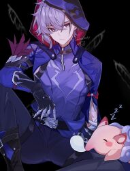 1boy absurdres azu_ma_ux_xu black_background black_gloves black_pants claws commentary frown glaring gloves grey_eyes highres honkai:_star_rail honkai_(series) hood hood_up hooded_jacket jacket knee_up looking_at_viewer male_focus moze_(honkai:_star_rail) nose_bubble pants purple_hair purple_jacket purple_shirt red_pupils shirt signature simple_background solo spread_legs symbol-only_commentary zzz