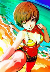 1girl absurdres beach brown_eyes brown_hair denim denim_shorts highres looking_at_viewer ocean oeilvert_fft one_eye_closed partially_unbuttoned persona persona_4 sand satonaka_chie short_hair shorts smile solo summer waves