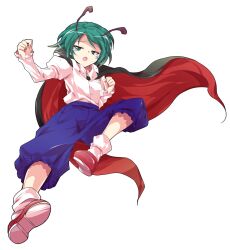 Rule 34 | 1girl, alphes (style), antennae, black cape, blue shorts, buttons, cape, collared shirt, commentary request, crying, crying with eyes open, dairi, full body, green eyes, green hair, half-closed eyes, imperishable night, juliet sleeves, large variant set, loafers, long sleeves, open mouth, parody, puffy sleeves, red cape, red shoes, rider kick, shirt, shirt tucked in, shoes, short hair, shorts, socks, solo, style parody, tachi-e, tears, touhou, transparent background, two-sided cape, two-sided fabric, variant set, white shirt, white socks, wriggle nightbug