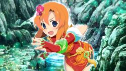 1girl :d blue_eyes china_dress chinese_clothes cowboy_shot dragon_print dress dutch_angle fighting_stance fingerless_gloves flower game_cg gloves hair_flower hair_ornament highres higurashi_no_naku_koro_ni higurashi_no_naku_koro_ni_mei leaning_forward lens_flare looking_at_viewer non-web_source official_art open_mouth orange_hair outdoors pillow print_dress red_dress red_gloves river rock ryuuguu_rena short_hair sleeveless sleeveless_dress smile solo sparkle v-shaped_eyebrows water