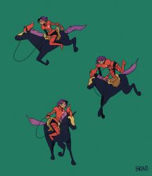 1girl animal armor black_horse closed_mouth commentary dark-skinned_female dark_skin english_commentary feather_hair_ornament feathers full_armor glasses green_background hair_ornament himemiya_anthy horse horseback_riding knight mellific multiple_views purple_hair purple_tail red_armor red_feathers reins riding rinbu-revolution round_eyewear saddle short_hair shoujo_kakumei_utena signature simple_background