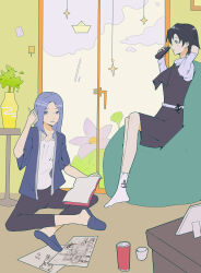 2girls absurdres alternate_costume anchor_symbol ascot bean_bag_chair black_ascot black_hair black_pants black_skirt black_vest blue_hair blue_jacket blue_slippers camisole can contemporary cup drawing_(object) highres holding holding_phone jacket kumoi_ichirin long_hair long_sleeves multiple_girls murasa_minamitsu pants phone picture_frame plant potted_plant shirt short_hair sitting skirt slippers socks thursyue touhou vase vest white_camisole white_shirt white_socks