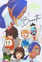 2boys 2girls :d ahoge aliquis_(pokemon) bandaid bandaid_on_face blonde_hair blue_eyes blue_hair brown_hair closed_eyes collared_shirt commentary_request eri_(pokemon) facepaint fuecoco glasses grey_jacket heart highres hohma_(pokemon) jacket meowscarada multiple_boys multiple_girls necktie nintendo ohara_(pokemon) open_mouth orange_hair orange_necktie pokemon pokemon:_paldean_winds pokemon_(creature) quaxwell rei_hinketsu round_eyewear shirt shout_lines smile speech_bubble sweatdrop teeth translation_request twitter_username upper_teeth_only watermark white_background