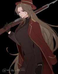 1girl absurdres aojiru_oisiiiii black_gloves black_shirt blue_eyes brown_hair brown_pants closed_mouth coat coat_on_shoulders collared_shirt cowboy_shot fedora gloves gold_trim hat highres lapels limbus_company long_hair long_sleeves looking_at_viewer mole mole_under_eye notched_lapels pants parted_bangs project_moon red_coat red_hat rodion_(project_moon) shirt sidelocks solo thumb_(identity)_(project_moon) very_long_hair
