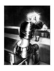 1boy back belt black_nails cloud_strife commentary cropped_jacket cup english_commentary final_fantasy final_fantasy_vii from_behind greyscale highres jacket jewelry leather leather_jacket light_smile looking_back male_focus midriff monochrome pants ring short_hair sitting spiked_hair wadanoki1st
