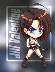 Rule 34 | 1girl, artist name, black gloves, blue eyes, boots, bra, brown boots, brown hair, character name, chibi, commission, fingerless gloves, gloves, gun, holding, holding gun, holding weapon, jill valentine, karosu maker, panties, resident evil, resident evil 3: nemesis, short hair, shotgun, underwear, weapon, white bra, white panties