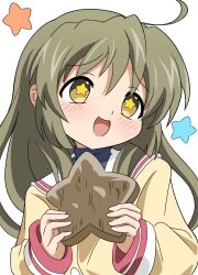Rule 34 | 1girl, ahoge, brown eyes, clannad, grey hair, highres, hikarizaka private high school uniform, holding, ibuki fuuko, jacket, long hair, sailor collar, school uniform, serafuku, silky (silky illust), simple background, smile, solo, star-shaped pupils, star (symbol), star in eye, starfish, symbol-shaped pupils, symbol in eye, white background, white sailor collar, yellow jacket