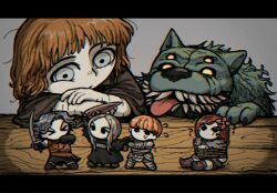 &gt;_&lt; 2girls 3boys ? armor barbarian black_border black_gloves black_hair black_robe boots border bound bowl_cut brown_robe cahara_(fear_&amp;_hunger) chibi child d&#039;arce_(fear_&amp;_hunger) enki_(fear_&amp;_hunger) extra_eyes extra_teeth fear_&amp;_hunger_(series) fear_&amp;_hunger_1 flower fur-trimmed_boots fur_trim gloves green_gloves grey_background grey_eyes hair_flower hair_ornament head_rest holding holding_sword holding_weapon knight letterboxed light_brown_hair long_hair looking_at_another medium_hair mini_person miniboy minigirl moonless_(fear_&amp;_hunger) multiple_boys multiple_girls orange_hair ragnvaldr_(fear_&amp;_hunger) red_hair robe rope scar scar_on_arm short_hair sm2_hokke sword the_girl_(fear_&amp;_hunger) tied_up_(nonsexual) tongue weapon wolf