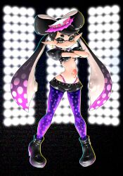 1girl ankle_boots belt black_boots black_gloves black_hair boots bow-shaped_hair breasts callie_(octo_idol_outfit)_(splatoon) callie_(splatoon) cropped_shirt crossed_arms earrings gloves gradient_hair hat high_heels highres inkling jewelry koharu2.5 long_hair long_pointy_ears looking_at_viewer lowleg lowleg_shorts multicolored_hair navel nintendo octopus_tattoo panties panty_straps pantyhose pigeon-toed pink_hair pink_hat pink_panties pointy_ears polka_dot polka_dot_hair puffy_short_sleeves puffy_sleeves purple_pantyhose red_pupils ribs short_shorts short_sleeves shorts skinny small_breasts smile solo splatoon_(series) splatoon_2 star-shaped_pupils star_(symbol) stomach_tattoo studded_belt studded_choker swept_bangs symbol-shaped_pupils tattoo tentacle_hair twintails underboob underwear very_long_hair wide_hips yellow_eyes