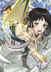 Rule 34 | 1girl, black hair, boots, bow, brown boots, commentary request, green eyes, haishima xv, highres, jacket, kohinata miku, looking at viewer, senki zesshou symphogear, short hair, solo, standing, standing on one leg, teeth, throwing, white bow, yellow jacket