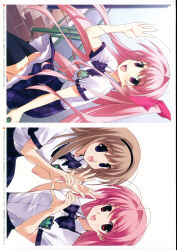 1girl 2011 2girls absurdres against_railing ahoge antenna_hair black_thighhighs blonde_hair bow bowtie breasts chaos;head chaos;head_love_chu_chu! collared_shirt dated ears_visible_through_hair exif_rotation frilled_skirt frills hair_between_eyes hair_ribbon hand_up happy heart heart_hands heart_hands_duo highres jacket long_hair looking_at_viewer matsuo_yukihiro miniskirt multiple_girls necktie nishijou_nanami non-web_source official_art open_mouth pink_eyes pink_hair plaid_bow plaid_bowtie plaid_clothes plaid_necktie plaid_skirt plaid_sleeves pleated_skirt purple_eyes railing ribbon sakihata_rimi sasaki_mutsumi school_emblem school_uniform shirt short_sleeves sitting skirt smile solo suimei_academy suimei_school_uniform suimei_summer_uniform teeth thighhighs tongue upper_teeth_only waving white_petticoat white_shirt zettai_ryouiki