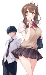 Rule 34 | 1boy, 1girl, bag, black hair, black necktie, black pants, black skirt, blue eyes, blue scrunchie, blush, bow, bowtie, breasts, brown hair, brown sweater vest, closed mouth, collared shirt, commentary request, cover, cover image, cover page, finger to mouth, green eyes, hair between eyes, hair ornament, hair scrunchie, hand up, hands in pockets, hasaki kana, highres, index finger raised, large breasts, looking at another, looking at viewer, medium hair, miniskirt, necktie, novel cover, official art, pants, plaid clothes, plaid skirt, pleated skirt, red bow, red bowtie, school bag, school uniform, scrunchie, shirt, short hair, short sleeves, shushing, side ponytail, simple background, skirt, smile, standing, sweater vest, tomari (veryberry00), tomoki yuuji, white background, white shirt, wing collar, yuujin chara no ore ga motemakuru wakenaidaro?