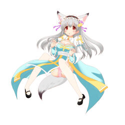 1girl absurdres animal_ears arch_bishop_(ragnarok_online) bell black_hairband black_shoes blue_dress blush breasts chiyunko_(rna-14-fei) cleavage cleavage_cutout clothing_cutout commentary_request cross dress fishnet_thighhighs fishnets fox_ears fox_girl frilled_hairband frills full_body grey_hair hair_bell hair_ornament hair_ribbon hairband highres jingle_bell juliet_sleeves large_breasts long_hair long_sleeves mary_janes open_mouth orange_hair panties pantyshot pink_panties puffy_sleeves purple_ribbon ragnarok_online ribbon sash shoes simple_background solo striped_clothes striped_panties thighhighs two-tone_dress underwear white_background white_dress white_panties white_sash white_thighhighs
