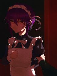 Rule 34 | apron, blush, classroom, evening, hair ribbon, highres, kuudere, kyon, maid, maid apron, maid headdress, nagato yuki, nagato yuki-chan no shoushitsu, original, purple hair, ribbon, self-upload, short hair, suzumiya haruhi no shoushitsu, suzumiya haruhi no yuuutsu, yellow eyes