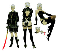 Rule 34 | 1boy, 2b (nier:automata), 2girls, 9s (nier:automata), a2 (nier:automata), back cutout, black boots, black jacket, black shorts, black socks, boots, clothing cutout, full body, hair over one eye, high heel boots, high heels, holding, holding knife, holding sword, holding weapon, jacket, knife, looking at viewer, multiple girls, nier:automata, nier (series), puffy sleeves, sarakipin, short hair, shorts, simple background, socks, sword, thigh boots, weapon, white background, white hair