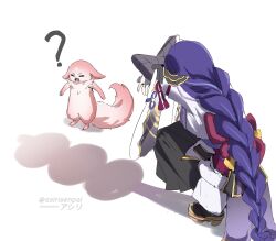1girl ? absurdres adapted_costume animalization asiri_senpai black_bridal_gauntlets black_skirt bridal_gauntlets cat_shadow_puppet commentary crossed_arms english_commentary genshin_impact highres japanese_clothes kimono long_hair long_skirt low-braided_long_hair low-tied_long_hair purple_hair purple_kimono raiden_shogun sandals shadow_puppet simple_background skirt solo squatting twitter_username very_long_hair white_background yae_miko yae_miko_(fox)