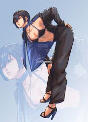 Rule 34 | 1girl, absurdres, bent over, black bra, black hair, black pants, black shirt, blue hair, blue scarf, bra, breasts, chuckuddin, gradient hair, hand on own ass, hand on own knee, high heel sandals, high heels, highres, hiodoshi ao, hololive, jewelry, leaning forward, looking to the side, multicolored hair, necklace, open clothes, open shirt, pants, parted lips, sandals, scarf, shirt, short hair, small breasts, solo, underwear