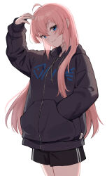 1girl :3 absurdres ahoge alternate_costume arm_up backlighting black_jacket black_shorts blue_eyes blush closed_mouth cowboy_shot dot_nose hair_between_eyes hand_in_pocket hashtag-only_commentary highres hood hooded_jacket jacket long_hair long_sidelocks long_sleeves looking_at_viewer matsuhisa_(ryo-tsuda1) megurine_luka pink_hair shorts sidelocks simple_background solo standing vocaloid white_background