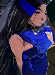 2girls black_hair blue_eyes blue_gloves blue_shirt blurry breasts closed_mouth dark-skinned_female dark_skin depth_of_field eyelashes geeta_(pokemon) geetasdog gloves green_hair half-closed_eyes hands_up highres long_hair looking_down multicolored_hair multiple_girls neck_ribbon nintendo pokemon pokemon_sv ribbon rika_(pokemon) shirt sleeveless sleeveless_shirt streaked_hair yellow_ribbon