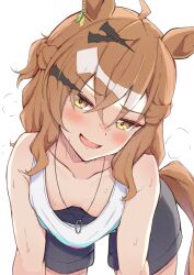 1girl ahoge animal_ears black_shorts blush breasts cleavage collarbone commentary_request hair_ornament hairclip highres himuraanzu horse_ears horse_girl horse_tail jewelry jungle_pocket_(umamusume) open_mouth pendant shirt shorts simple_background small_breasts smile solo tail umamusume white_background white_shirt yellow_eyes