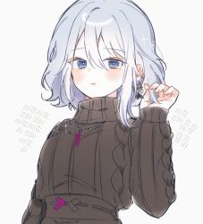 1girl 1i_5e black_sweater blue_eyes blush brown_sweater closed_mouth earrings grey_hair hair_between_eyes hand_up highres jewelry long_sleeves looking_at_viewer necklace project_sekai ribbed_sweater simple_background solo sparkle sweater turtleneck turtleneck_sweater upper_body white_background yoisaki_kanade