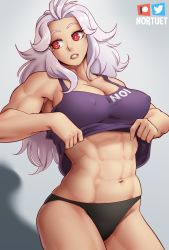 1girl abs black_panties clothes_lift dorohedoro highres long_hair muscular muscular_female navel noi_(dorohedoro) nortuet panties red_eyes shirt shirt_lift simple_background solo tank_top underwear white_hair